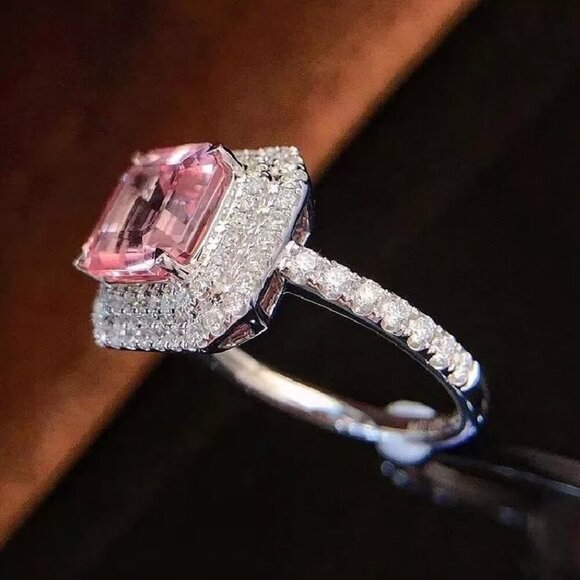 NEW 925 Sterling Silver Pink Diamond Ring Cushion Cut Halo Ring - Picture 5 of 7